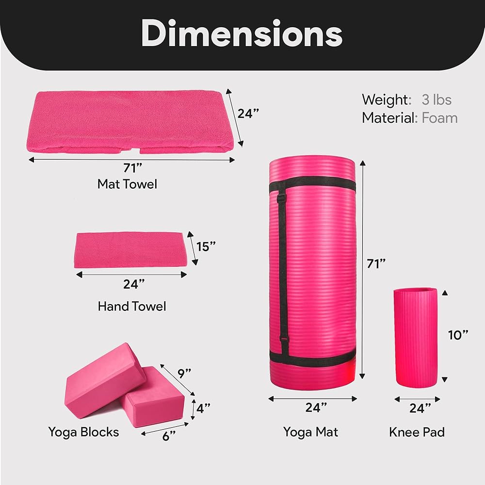 BalanceFrom 7-Piece Yoga Set with 71x24x0.5 Inches Extra Thick Mat and Carrying Sling – Includes 2 Blocks, Stretch Strap, 2 Towels, and Knee Pad for Home, Studio, and Gym Workouts