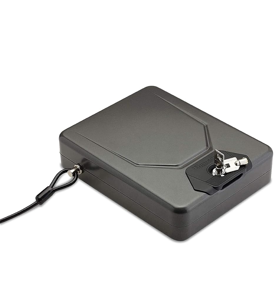 Hornady Alpha Elite Portable Lock Box for Guns and Valuables – Includes 2 Keys and 4 Foot Steel Cable – Thick 16-Gauge Steel, an Ideal Car Lock Box or Truck Safe – Black, 10.25 x 8 x 2.75 Inches