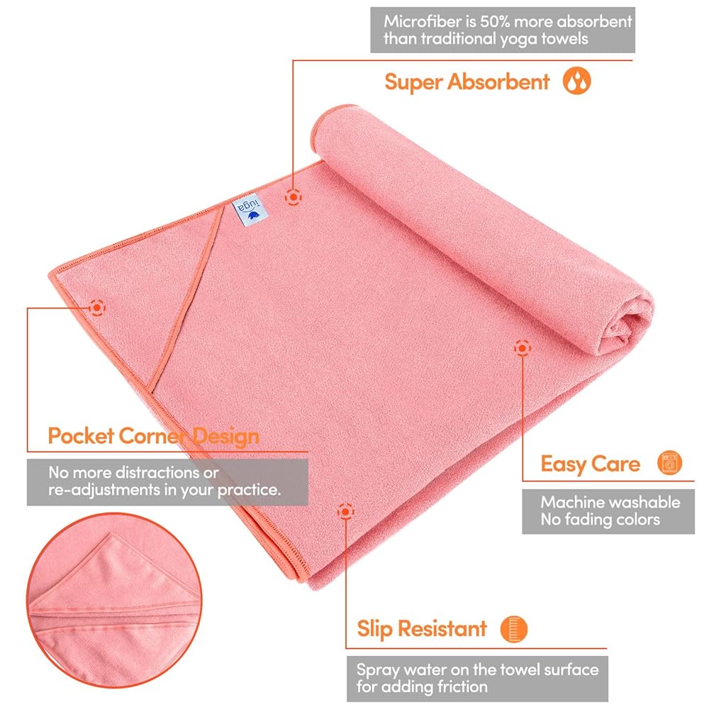 IUGA Yoga Towel for Hot Yoga Non Slip Extra Thick Yoga Mat Towel + Hand Towel 2in1 Set with Corner Pockets Super Absorbent and Quick Dry Hot Yoga Towel