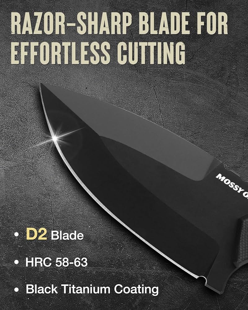 Mossy Oak 8 Inch Fixed Blade Knife with Kydex Sheath, D2 Steel Full Tang Outdoor Camping Knife, G10 Handle for Bushcraft, Survival, Camping, Hiking