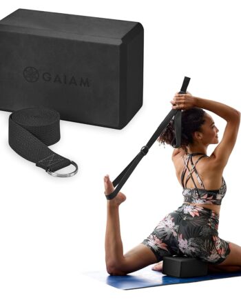 Gaiam Yoga Block & Yoga Strap Combo Set - Yoga Block with Strap, Pilates & Yoga Props to Help Extend & Deepen Stretches, Yoga Kit for Stability, Balance & Optimal Alignment - Black