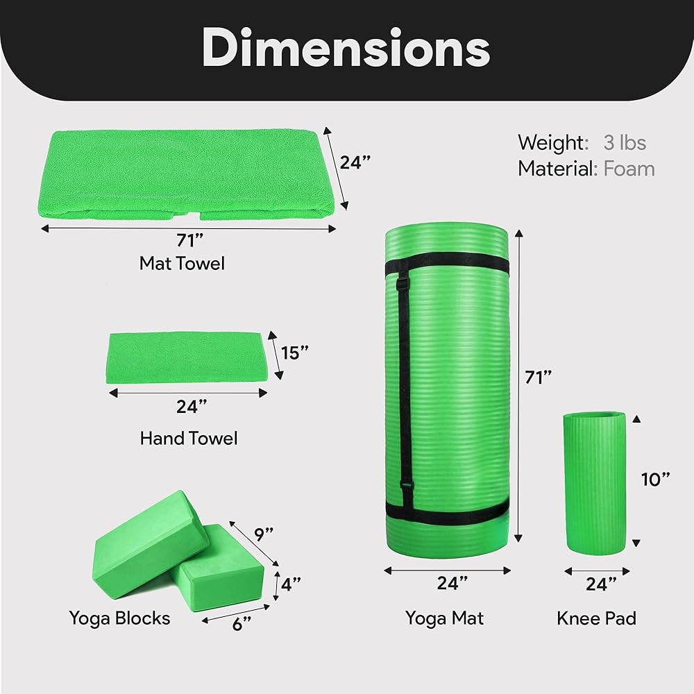 BalanceFrom 7-Piece Yoga Set with 71x24x0.5 Inches Extra Thick Mat and Carrying Sling – Includes 2 Blocks, Stretch Strap, 2 Towels, and Knee Pad for Home, Studio, and Gym Workouts