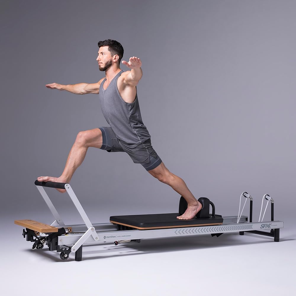 Merrithew™ At Home SPX® Reformer Package with Reformer Box, Footstrap, Padded Platform Extender and Metal Roll-up Pole – Pilates Workouts at Home(BLACK)