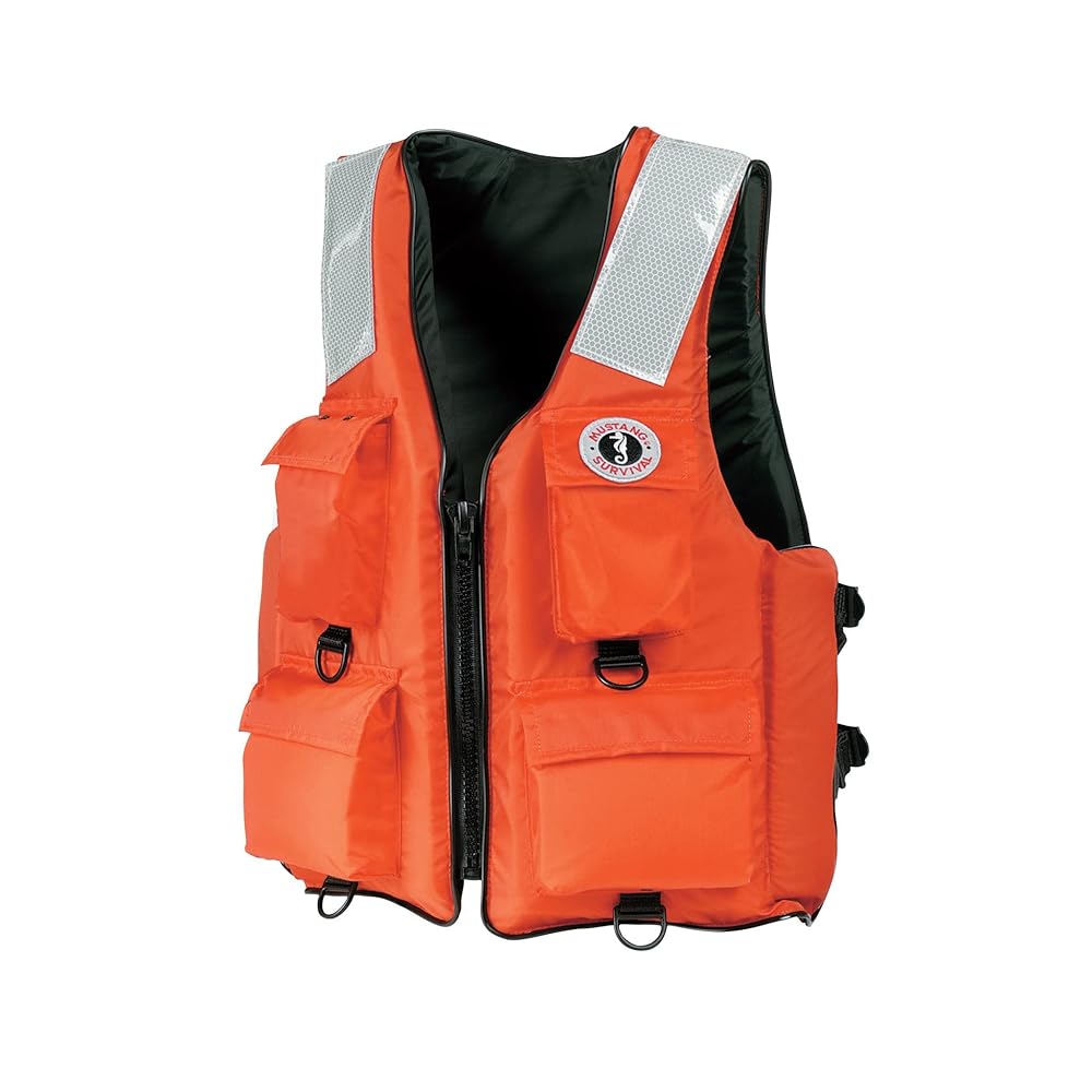 MUSTANG SURVIVAL - Classic Industrial Vest with 4 Pockets & Solas Reflective Tape (Orange - XL) - USCG Approved, D-Rings, Solas reflectivity, 4 Pockets