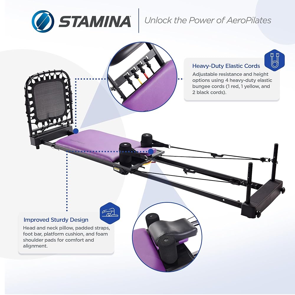 Stamina Products AeroPilates Reformer Plus 379, Pilates Home Gym Equipment with Cardio Rebounder, Padded Foot Bar, 4 Resistance Cords, and Workout DVDs