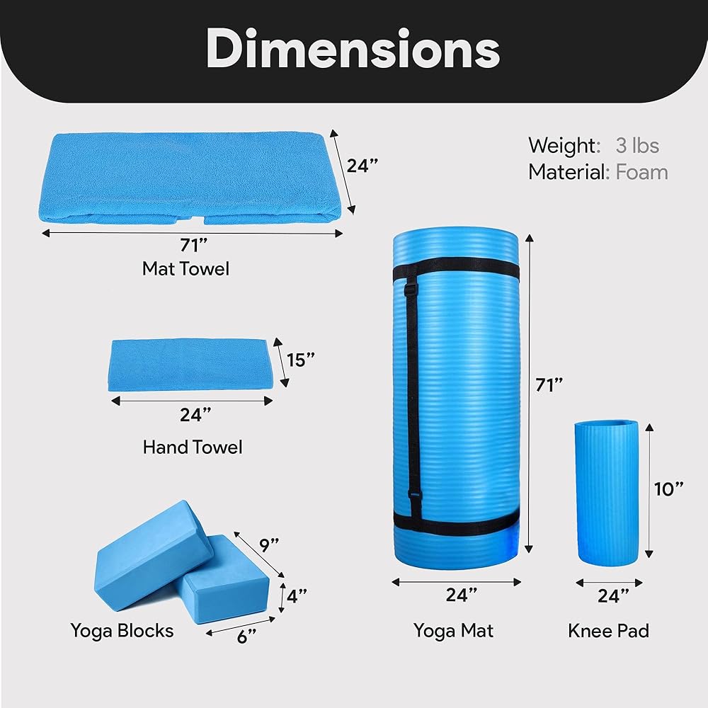 BalanceFrom 7-Piece Yoga Set with 71x24x0.5 Inches Extra Thick Mat and Carrying Sling – Includes 2 Blocks, Stretch Strap, 2 Towels, and Knee Pad for Home, Studio, and Gym Workouts