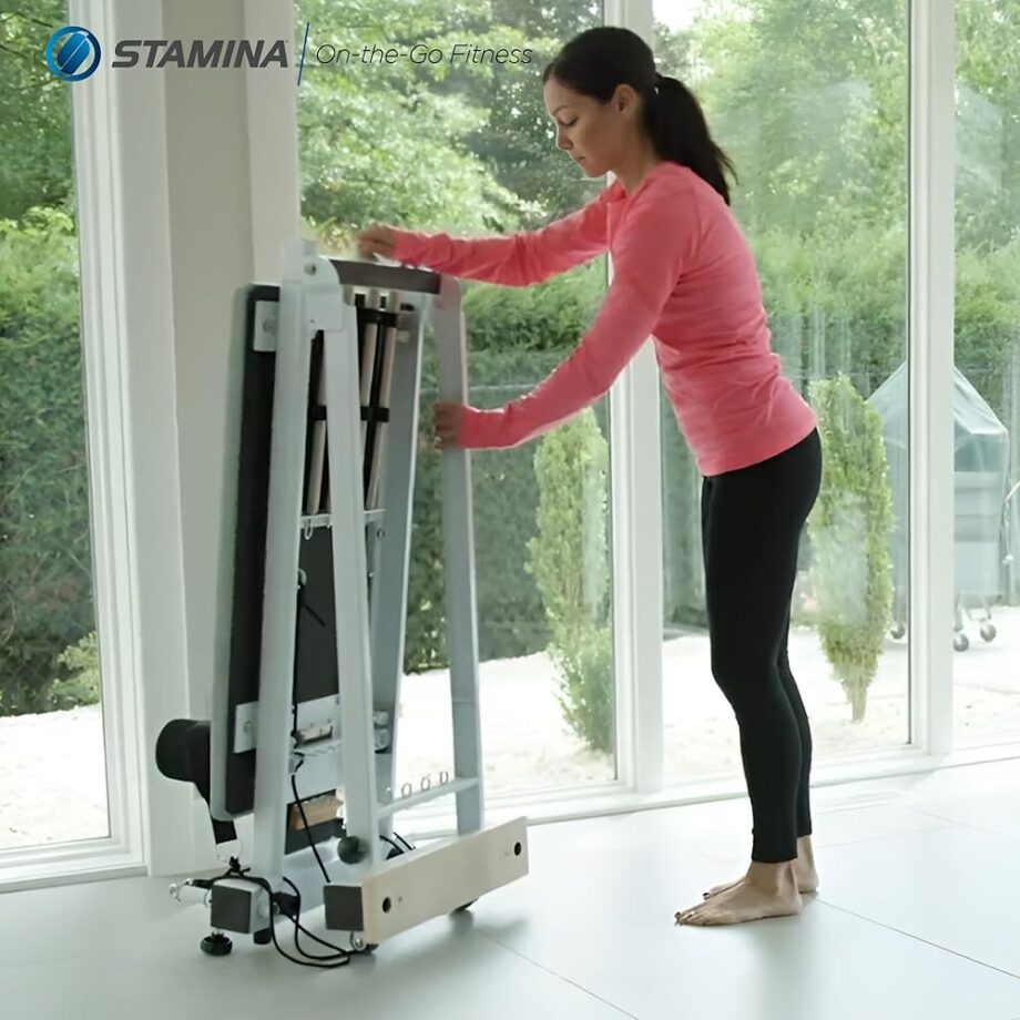 Stamina AeroPilates Precision Series Cushioned Cardio Reformer Resistance Band Foldable Wheeled Pilates Workout Board for Home Gym w/ 2 Videos, White