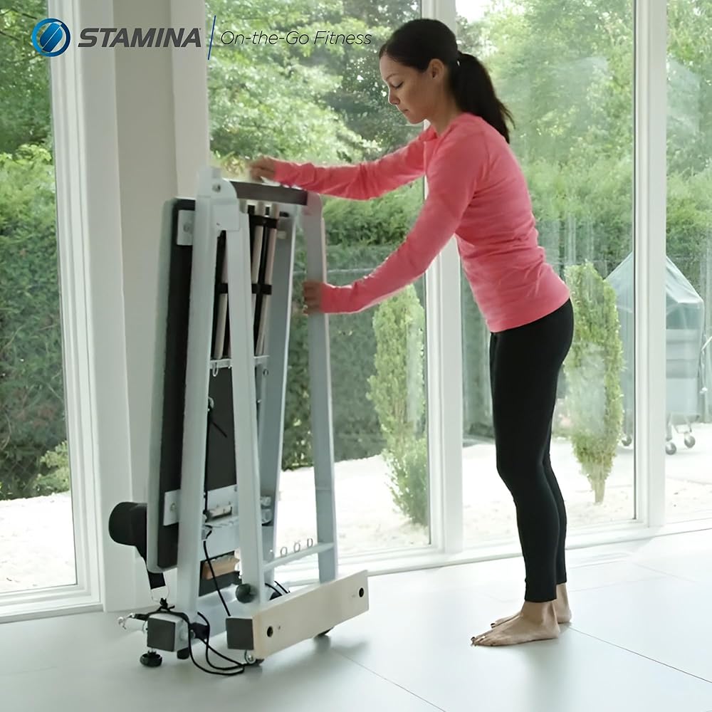 Stamina AeroPilates Precision Series Cushioned Cardio Reformer Resistance Band Foldable Wheeled Pilates Workout Board for Home Gym w/ 2 Videos, White