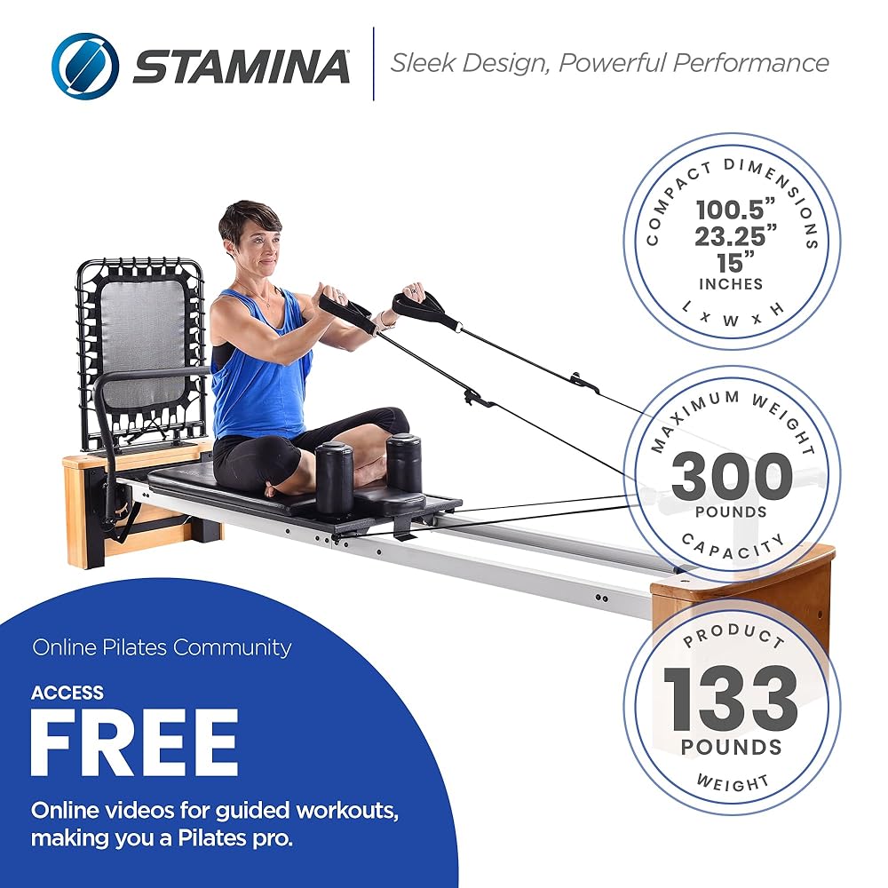 Stamina Products AeroPilates Board Pro XP557 Pilates Reformer with Oak Wood Base – Studio Grade for Home Use with Cardio Rebounder, Adjustable Foot Bar, 4 Resistance Springs, and Workout DVDs