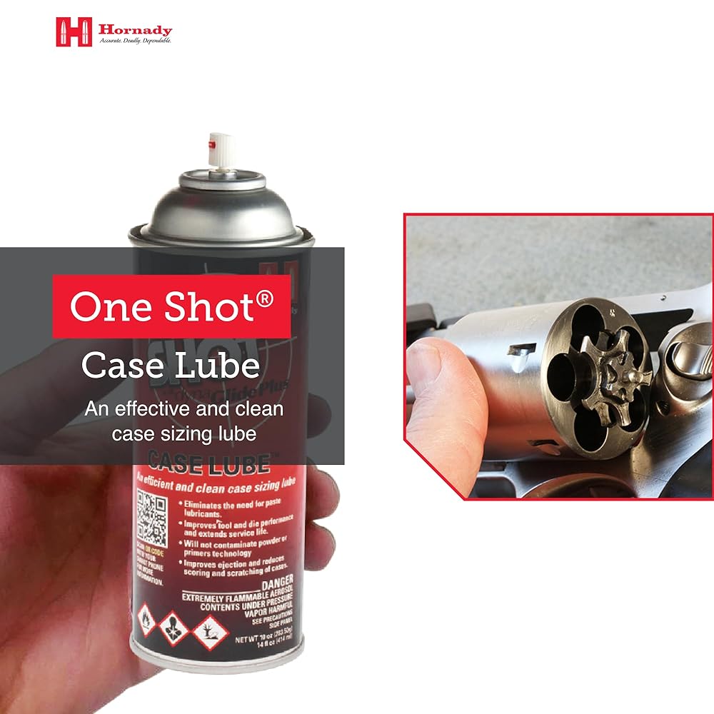 Hornady One Shot Case Lube, 10 oz / 14 fl oz – Aerosol Dry Lube, with DynaGlide Plus – Clean, Non-Sticky and Easy to Use – Contains No Petroleum, Won't Contaminate Powder or Primers