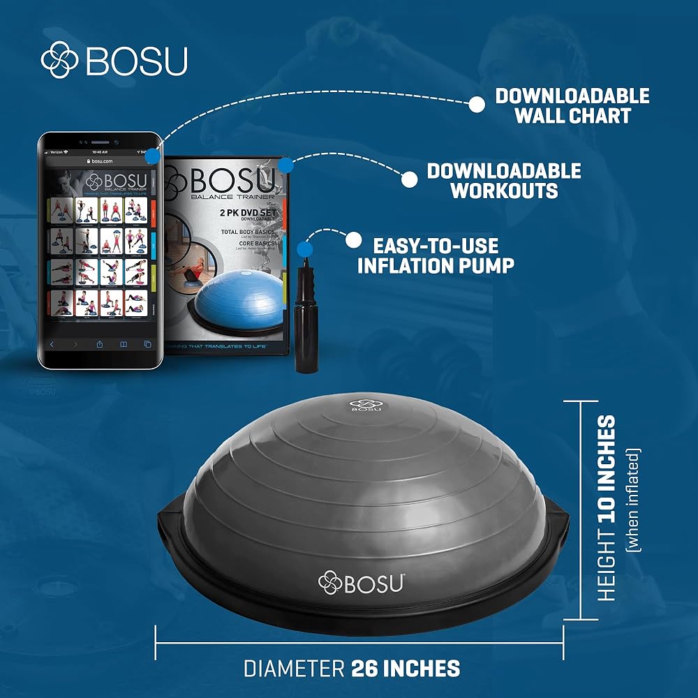 BOSU BT Pro Balance Fitness Core & Cardio Training Wobble Inflatable Rubber Exercise Ball for Home Gyms & Full Body Workouts, Grey & Black