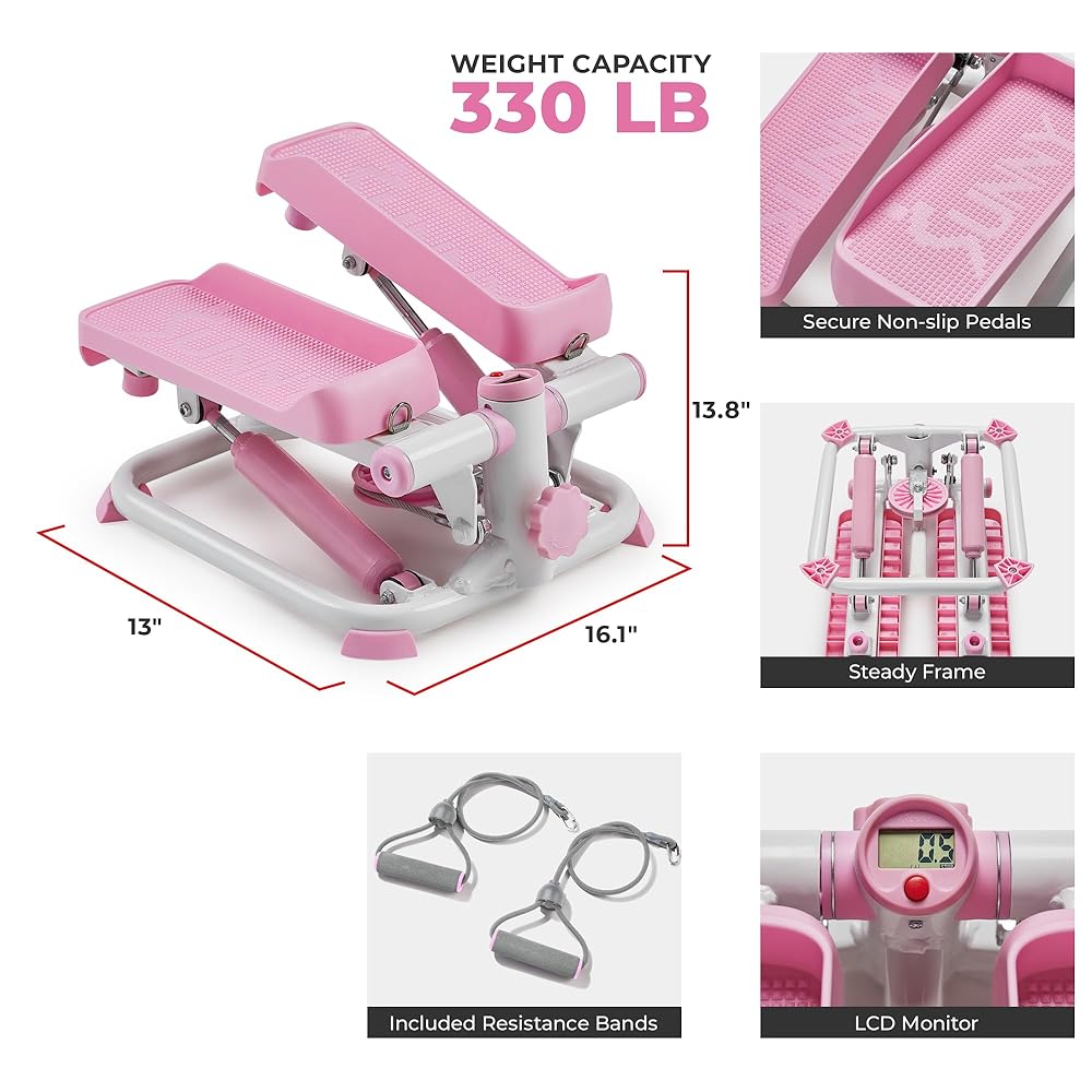 Sunny Health & Fitness Total Body 2-in-1 Stepper Machine, Total Body Workout, Adjustable Hydraulic, Resistance Bands, Non-Slip Pedals w Optional Free SunnyFit App Enhanced Bluetooth Connectivity