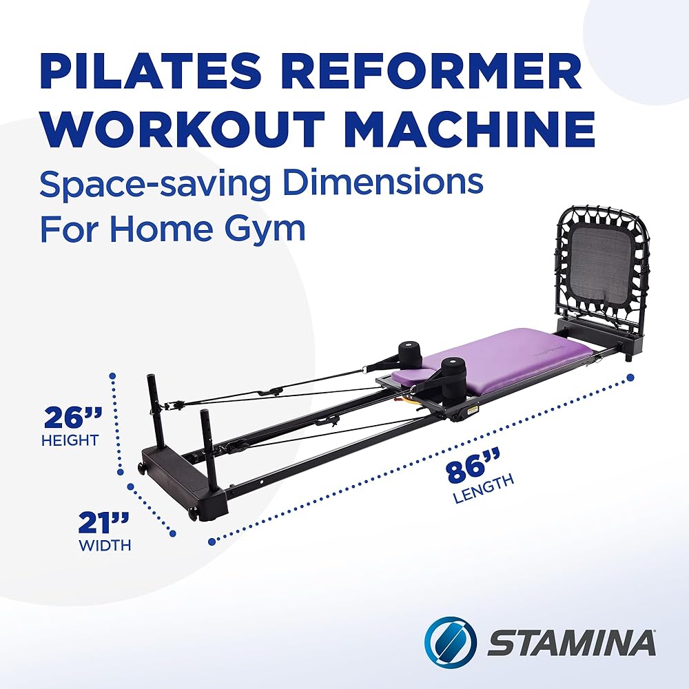 Stamina Products AeroPilates Reformer Plus 379, Pilates Home Gym Equipment with Cardio Rebounder, Padded Foot Bar, 4 Resistance Cords, and Workout DVDs