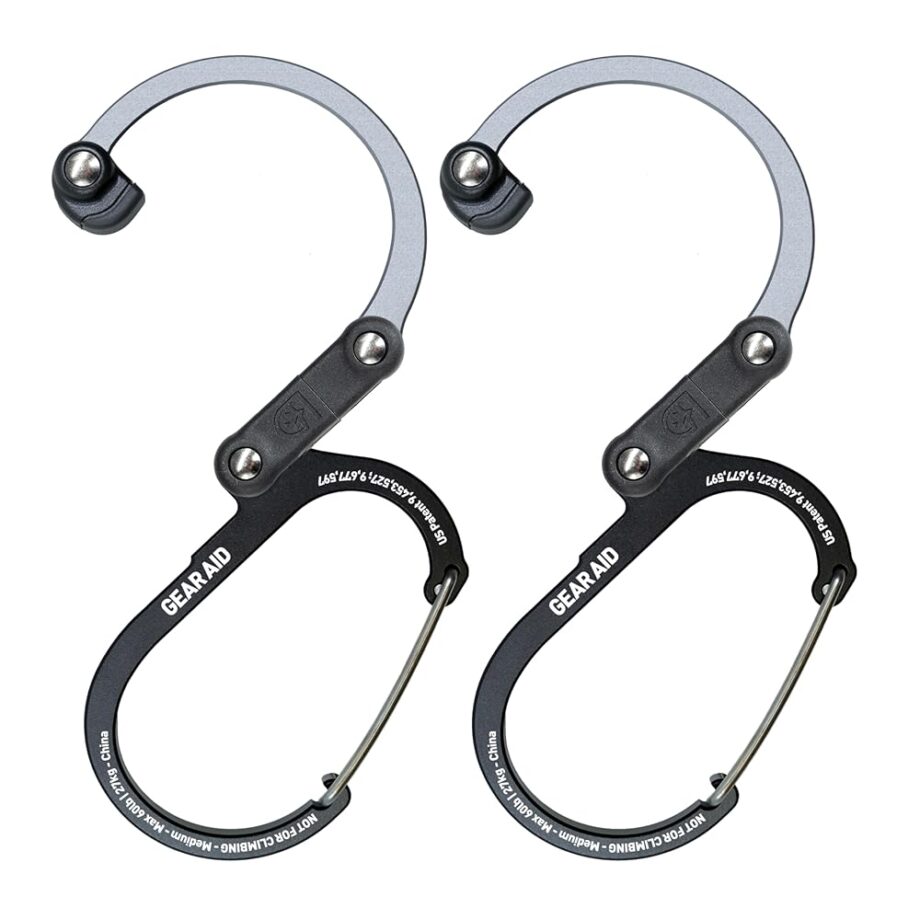 GEAR AID HEROCLIP Carabiner Gear Clip and Hook (Medium) for Camping, Backpack, and Garage Organization, Black and Gray, 2 Pack