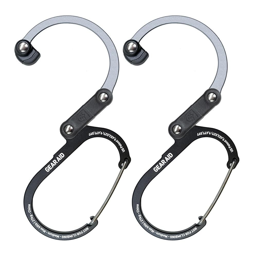 GEAR AID HEROCLIP Carabiner Gear Clip and Hook (Medium) for Camping, Backpack, and Garage Organization, Black and Gray, 2 Pack