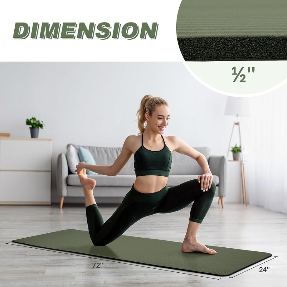 Quality Exercise Yoga Mat, 1/2-Inch Thick High-Density Foam for Full-body workout, Anti-Tear and non-slip Surface, Includes Carry Strap for Home & Studio Workouts,Green Jasper