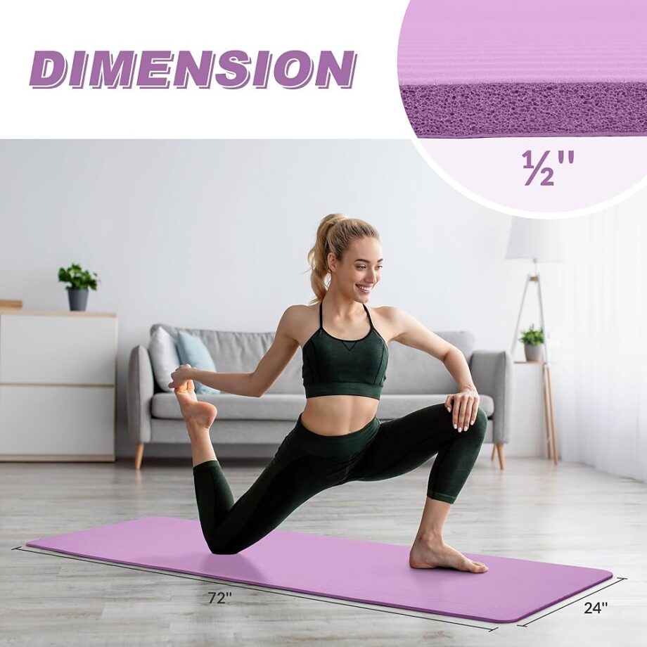 Quality Exercise Yoga Mat, 1/2-Inch Thick High-Density Foam for Full-body workout, Anti-Tear and non-slip Surface, Includes Carry Strap for Home & Studio Workouts, Taro Purple