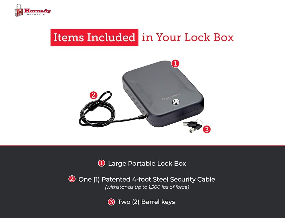 Hornady Portable Lock Box for Guns and Valuables - Includes 2 Keys and 4 Foot Steel Cable - Thick 16 Gauge Steel - An Ideal Portable Car Lock Box or Truck Safe - Large, Black, 9.5 x 6.5 x 1.75 Inches