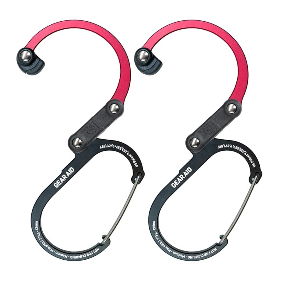 GEAR AID HEROCLIP Carabiner Gear Clip and Hook (Medium) for Camping, Backpack, and Garage Organization, Black and Red, 2 Pack