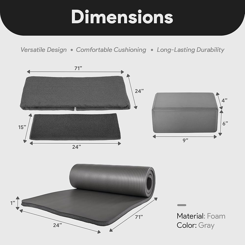 BalanceFrom 7-Piece Yoga Set with 71x24x0.5 Inches Extra Thick Mat and Carrying Sling – Includes 2 Blocks, Stretch Strap, 2 Towels, and Knee Pad for Home, Studio, and Gym Workouts