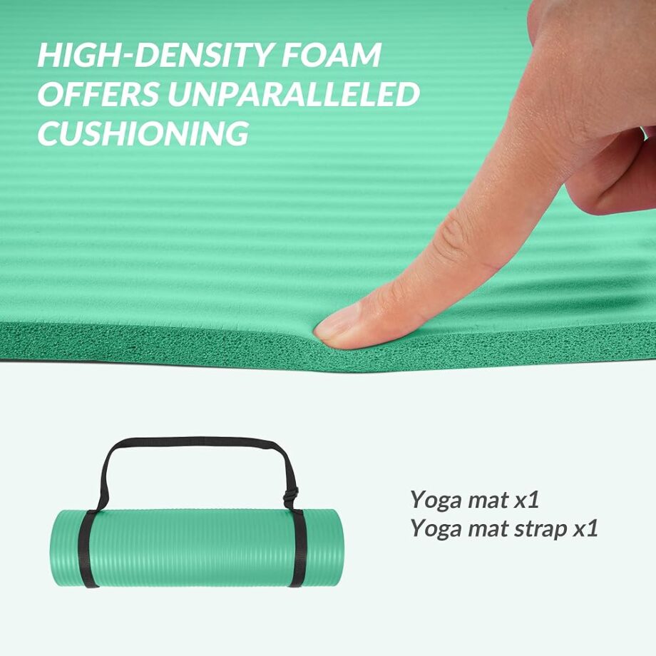 Quality Exercise Yoga Mat, 1/2-Inch Thick High-Density Foam for Full-body workout, Anti-Tear and non-slip Surface, Includes Carry Strap for Home & Studio Workouts, Aqua