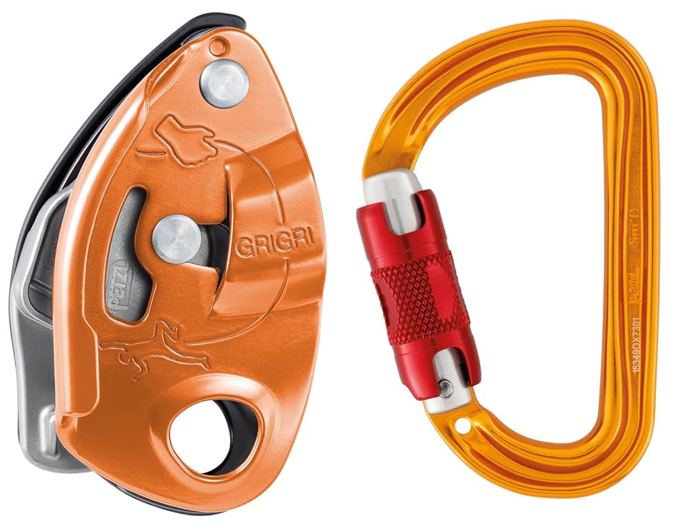 PETZL GRIGRI Belay Device with Sm'D Twist-Lock Carabiner - Belay Device with Cam-Assisted Blocking for Sport, Trad, & Top-Rope Climbing - Red