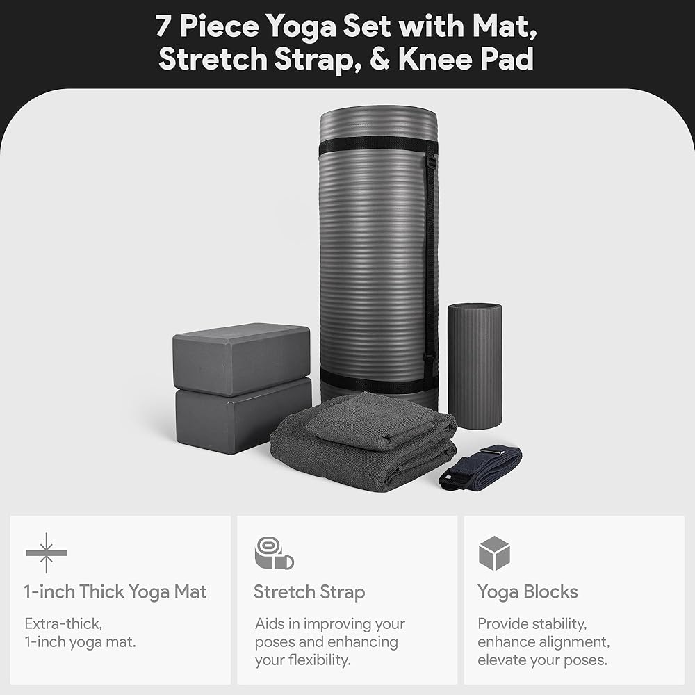 BalanceFrom 7-Piece Yoga Set with 71x24x0.5 Inches Extra Thick Mat and Carrying Sling – Includes 2 Blocks, Stretch Strap, 2 Towels, and Knee Pad for Home, Studio, and Gym Workouts
