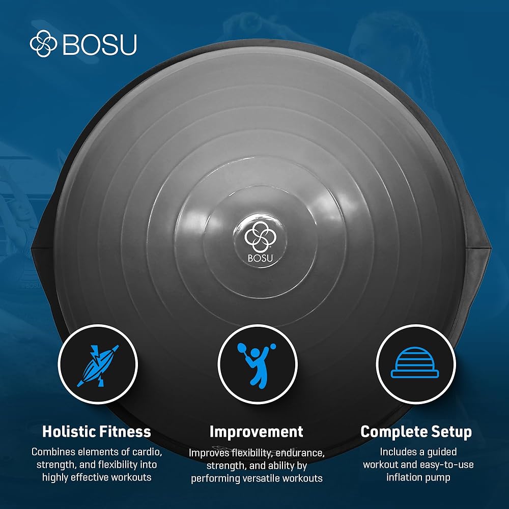 BOSU BT Pro Balance Fitness Core & Cardio Training Wobble Inflatable Rubber Exercise Ball for Home Gyms & Full Body Workouts, Grey & Black