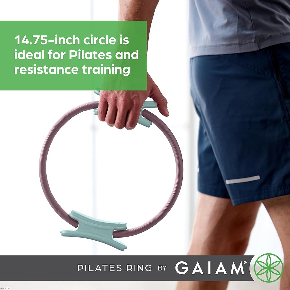 Gaiam Pilates Ring 15" Fitness Circle - Lightweight & Durable Foam Padded Handles | Flexible Resistance Exercise Equipment for Toning Arms, Thighs/Legs & Core, Dusty Pink/Seafoam