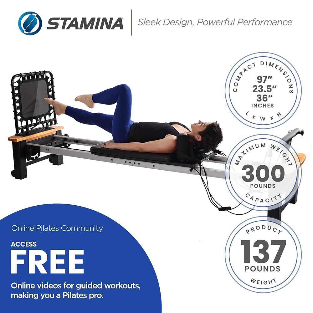 Stamina Whole Body Resistance Padded Pilates Reformer Workout System with 4 Intensity Bands for At Home Workouts, Black