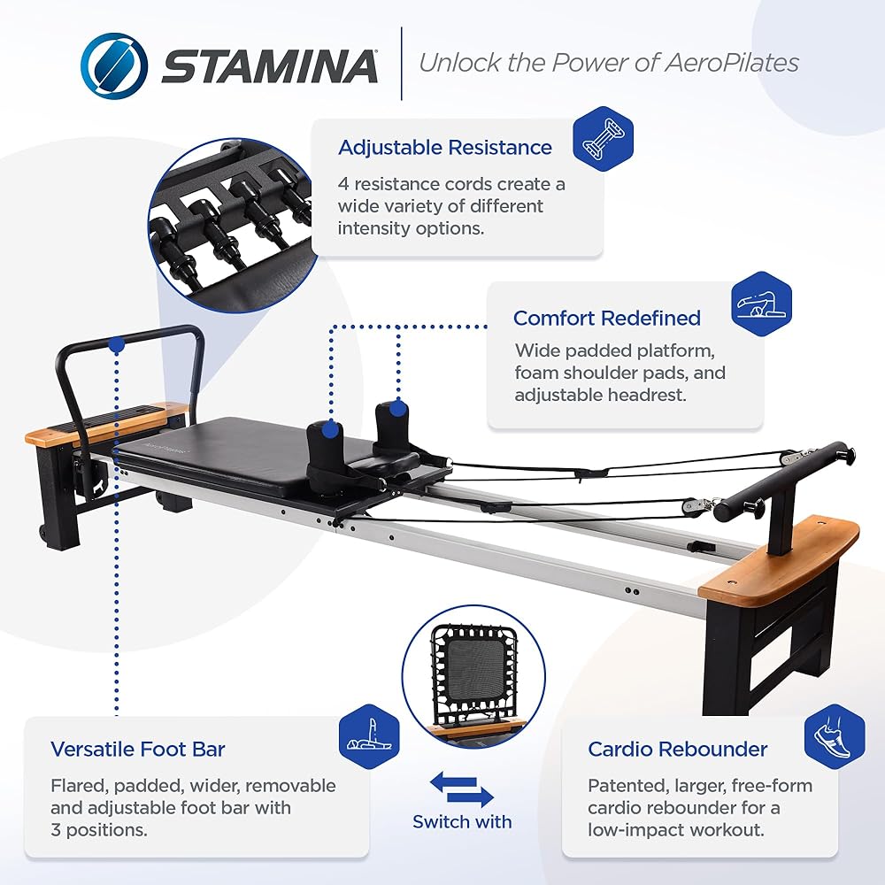 Stamina Whole Body Resistance Padded Pilates Reformer Workout System with 4 Intensity Bands for At Home Workouts, Black