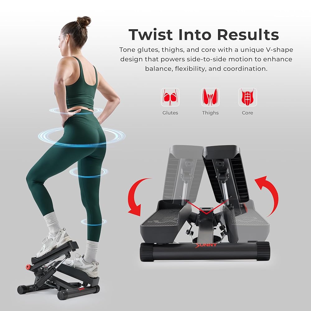 Sunny Health & Fitness Smart Twist Stepper with Resistance Bands, Bluetooth App Connectivity, Adjustable Step Height, 300 LB Capacity, Compact Mini Stair Step Machine