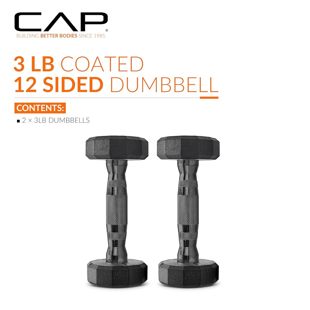 CAP Barbell 12-Sided Coated Dumbbell with Black Handle, Pair, 3 LB