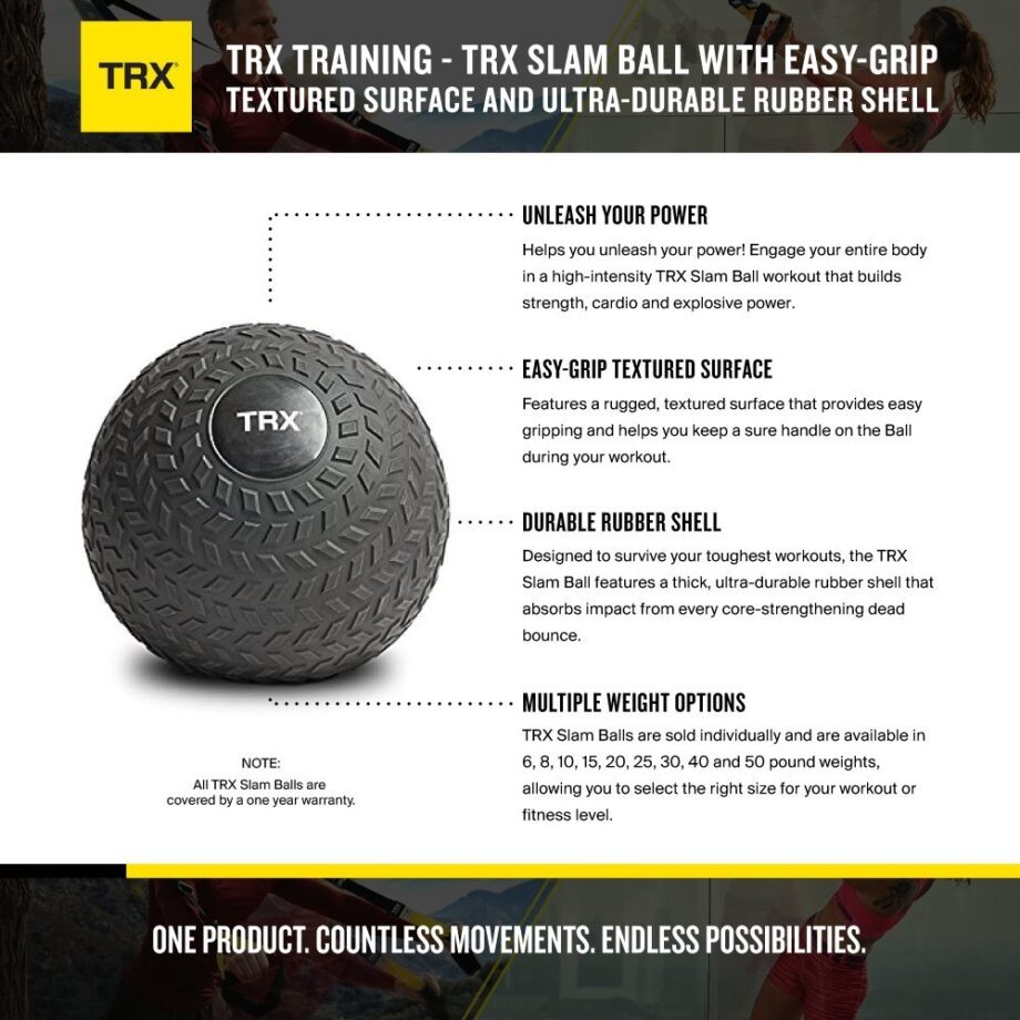 TRX Training Slam Ball Weighted Textured Tread Slip Resistant Rubber Ball for High Intensity Full Body Workouts and Indoor or Outdoor Training (40)