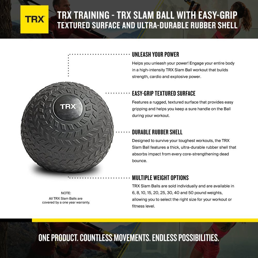 TRX Training Slam Ball Weighted Textured Tread Slip Resistant Rubber Ball for High Intensity Full Body Workouts and Indoor or Outdoor Training (40)