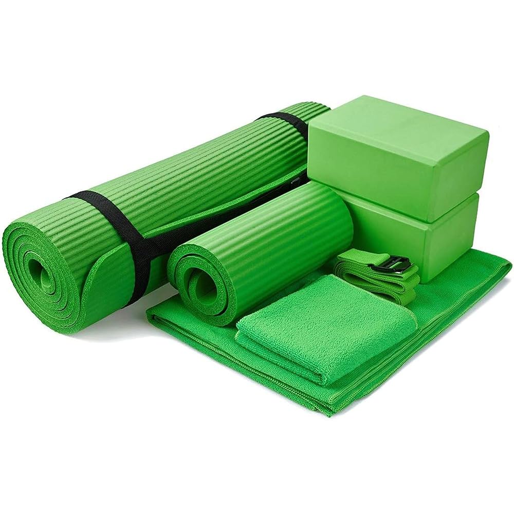 BalanceFrom 7-Piece Yoga Set with 71x24x0.5 Inches Extra Thick Mat and Carrying Sling – Includes 2 Blocks, Stretch Strap, 2 Towels, and Knee Pad for Home, Studio, and Gym Workouts