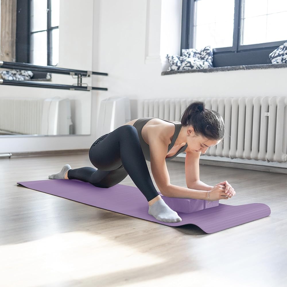 BalanceFrom GoYoga 7-Piece Set - Include Yoga Mat with Carrying Strap, 2 Yoga Blocks, Hand Towel and Knee Pad (Purple, 1/2"-Thick Mat)