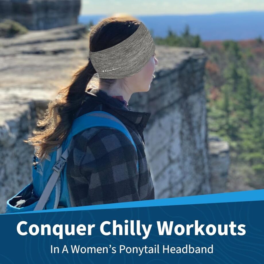 TrailHeads Womens Ponytail Headband - Moisture Wicking Hair Headband for Running, Winter, Workout - Athletic Headband Women - Heather Grey