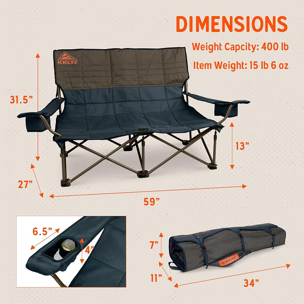Kelty Low Loveseat Oversized 2-Person Heavy Duty Folding Camp Chair, Double Seat for Soccer Games, Tailgating, Beach Days (Low Height/Dark Shadow)