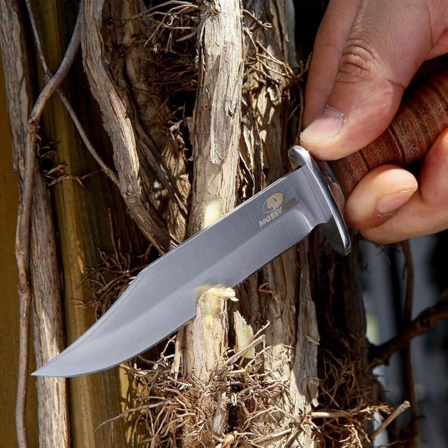 MOSSY OAK 2-piece Bowie Knife, Fixed Blade Hunting Knife with Leather Handle, Sheath Included