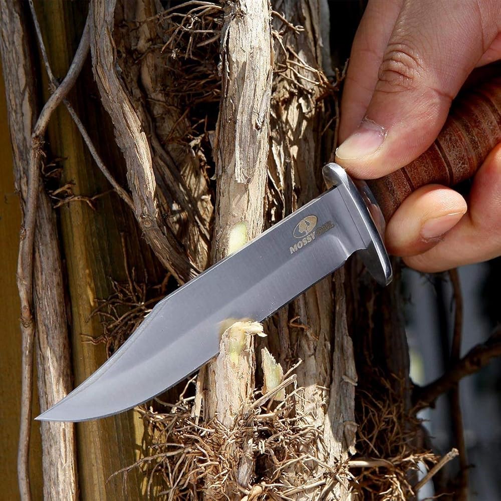 MOSSY OAK 2-piece Bowie Knife, Fixed Blade Hunting Knife with Leather Handle, Sheath Included