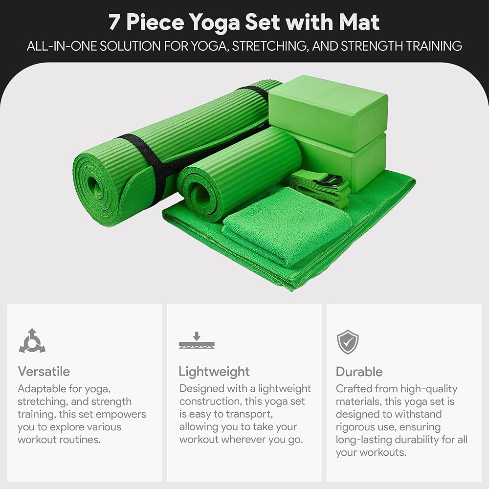 BalanceFrom 7-Piece Yoga Set with 71x24x0.5 Inches Extra Thick Mat and Carrying Sling – Includes 2 Blocks, Stretch Strap, 2 Towels, and Knee Pad for Home, Studio, and Gym Workouts