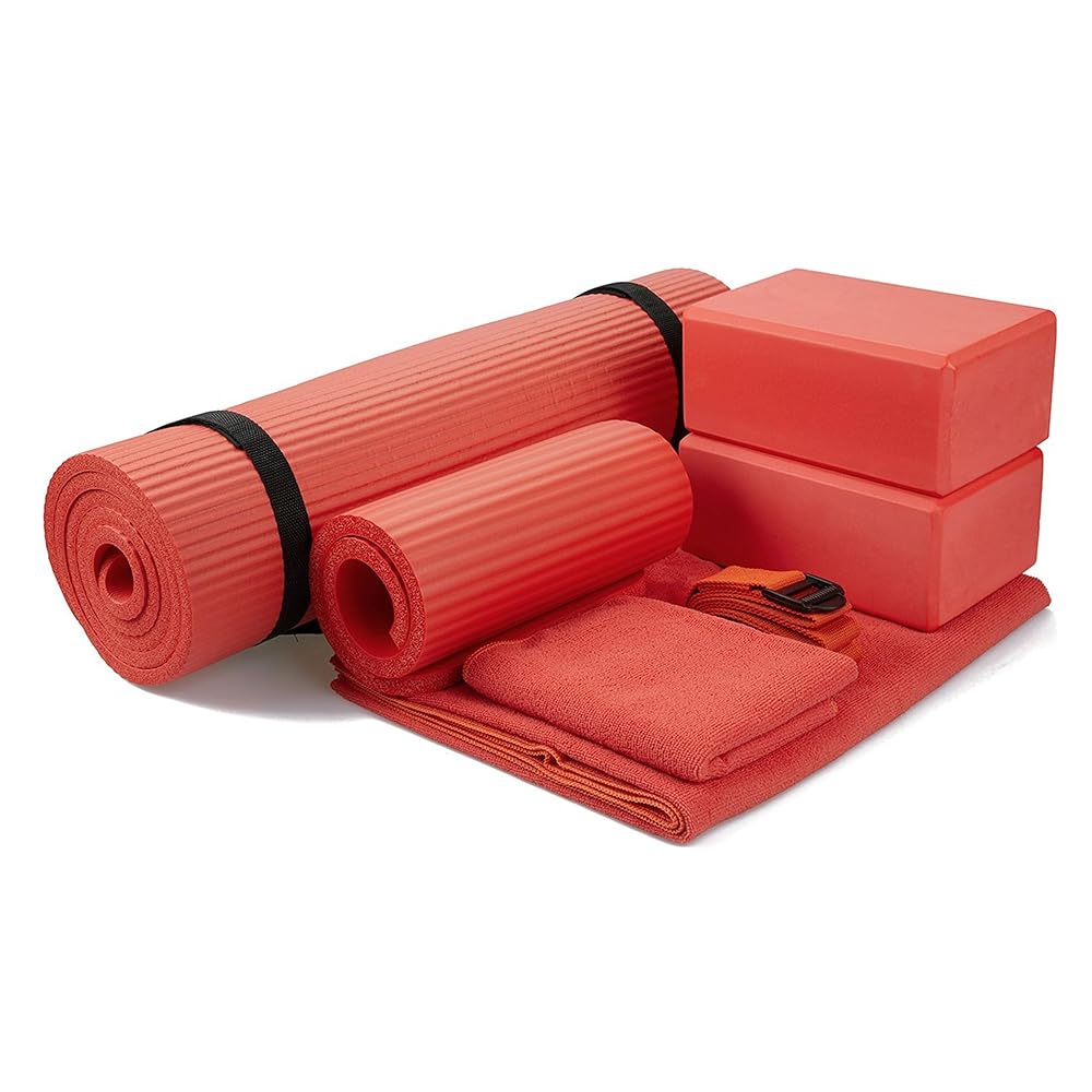 BalanceFrom 7-Piece Yoga Set with 71x24x0.5 Inches Extra Thick Mat and Carrying Sling – Includes 2 Blocks, Stretch Strap, 2 Towels, and Knee Pad for Home, Studio, and Gym Workouts