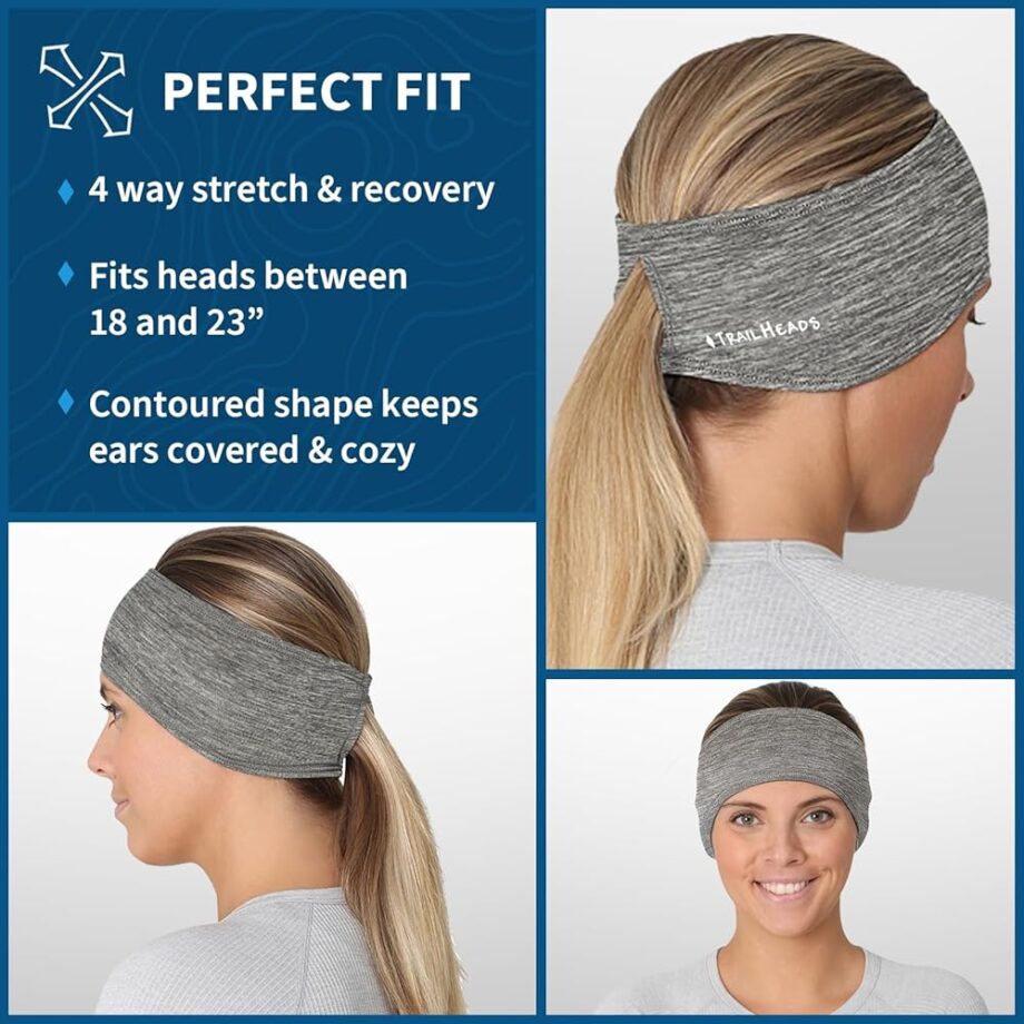 TrailHeads Womens Ponytail Headband - Moisture Wicking Hair Headband for Running, Winter, Workout - Athletic Headband Women - Heather Grey