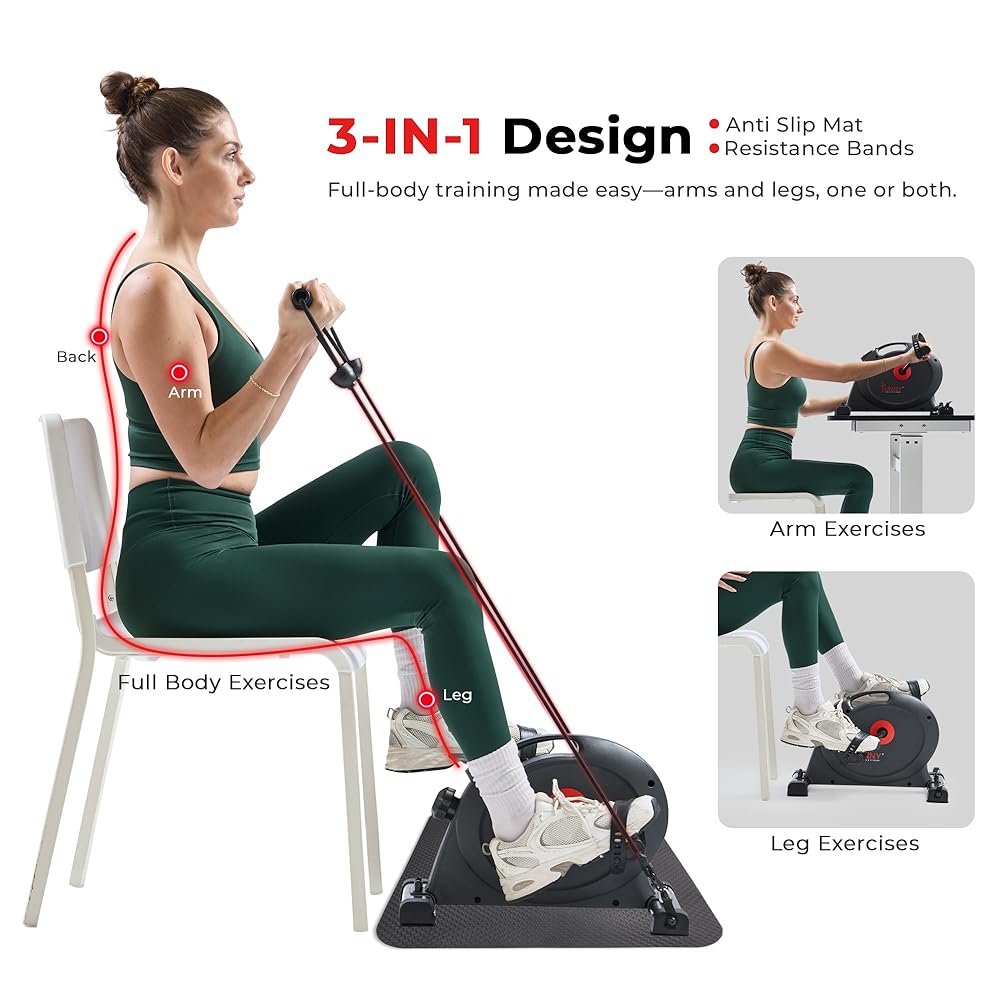 Sunny Health & Fitness Under Desk Smart Mini Pedal Exerciser, Exercise Cycle Bike and Mat/Workout Bands with Low Profile Design - SF-B0418SMART