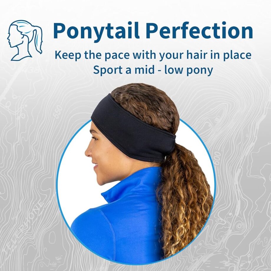 TrailHeads Womens Ponytail Headband - Moisture Wicking Hair Headband for Running, Winter, Workout - Athletic Headband Women - Black