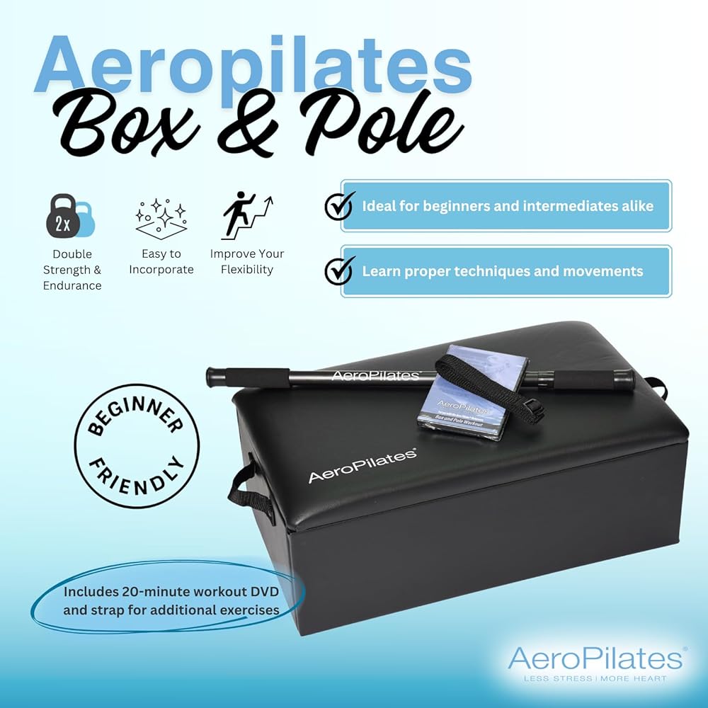AeroPilates Box & Pole – Pilates Reformer Accessory for Strength, Balance & Flexibility – Includes Adjustable Support Pole, Strap & Instructional Workout Video – Compatible with All Pilates Reformers