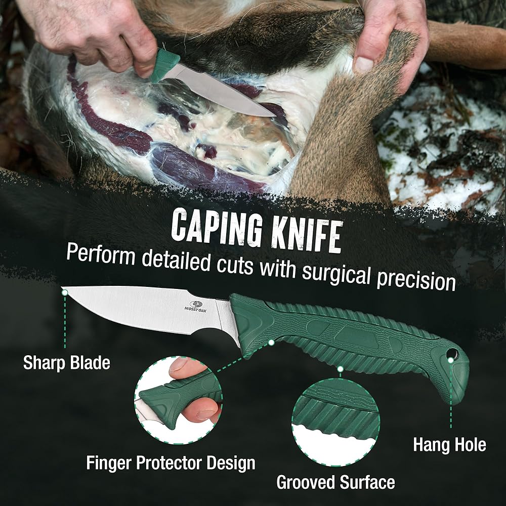 Mossy Oak Field Dressing Kit, 4 Pcs Hunting Knife Set with Portable Sheath, Gut-Hook Skinner, Caping Knife, Wood/Bone Saw, Knife Sharpener, for Deer Hunting, Camping, Perfect Hunting Gifts for Men