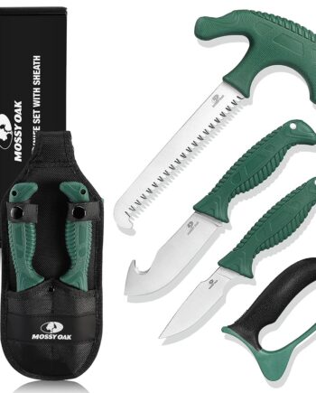 Mossy Oak Field Dressing Kit, 4 Pcs Hunting Knife Set with Portable Sheath, Gut-Hook Skinner, Caping Knife, Wood/Bone Saw, Knife Sharpener, for Deer Hunting, Camping, Perfect Hunting Gifts for Men