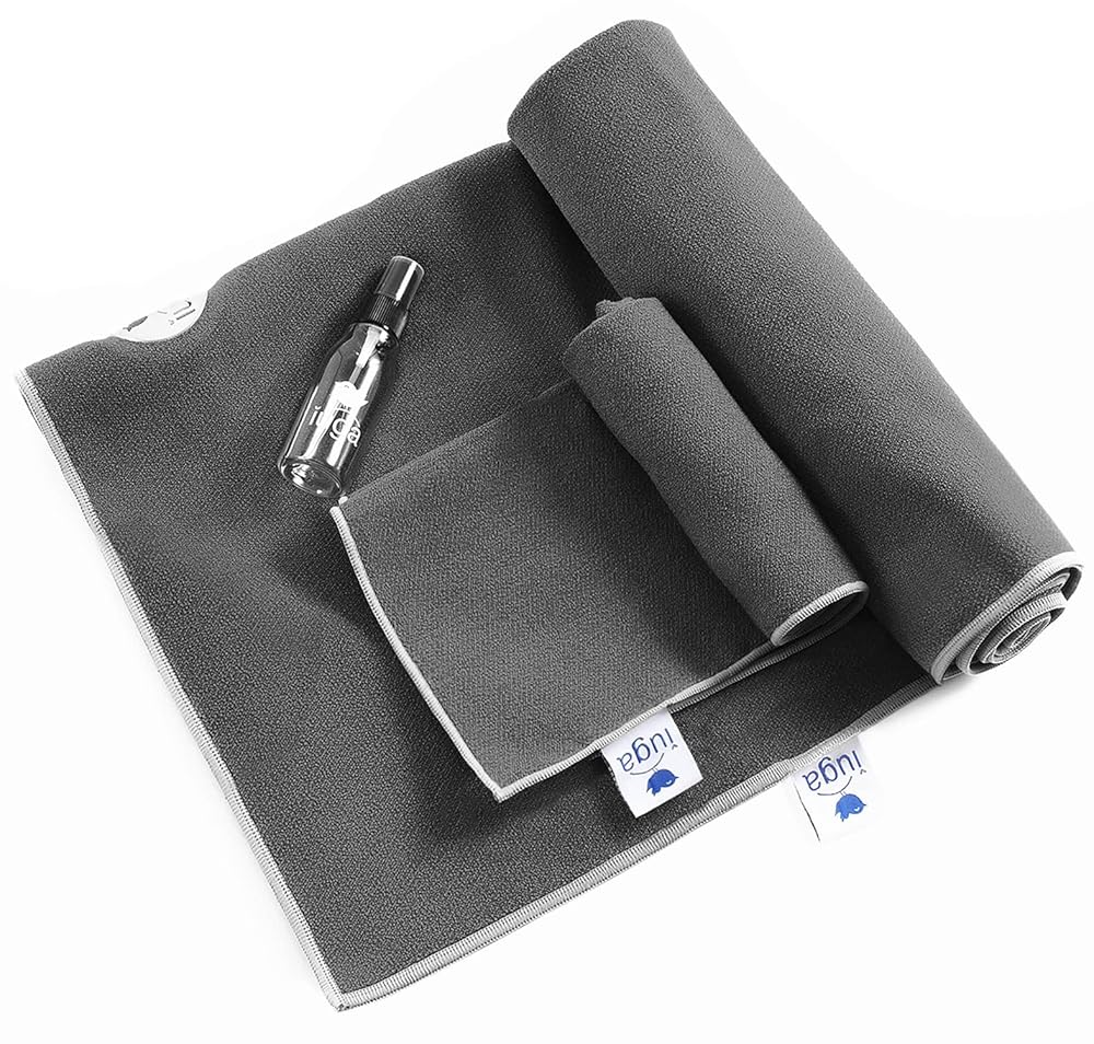 IUGA Yoga Towel for Hot Yoga Non Slip Extra Thick Yoga Mat Towel + Hand Towel 2in1 Set with Corner Pockets Super Absorbent and Quick Dry Hot Yoga Towel